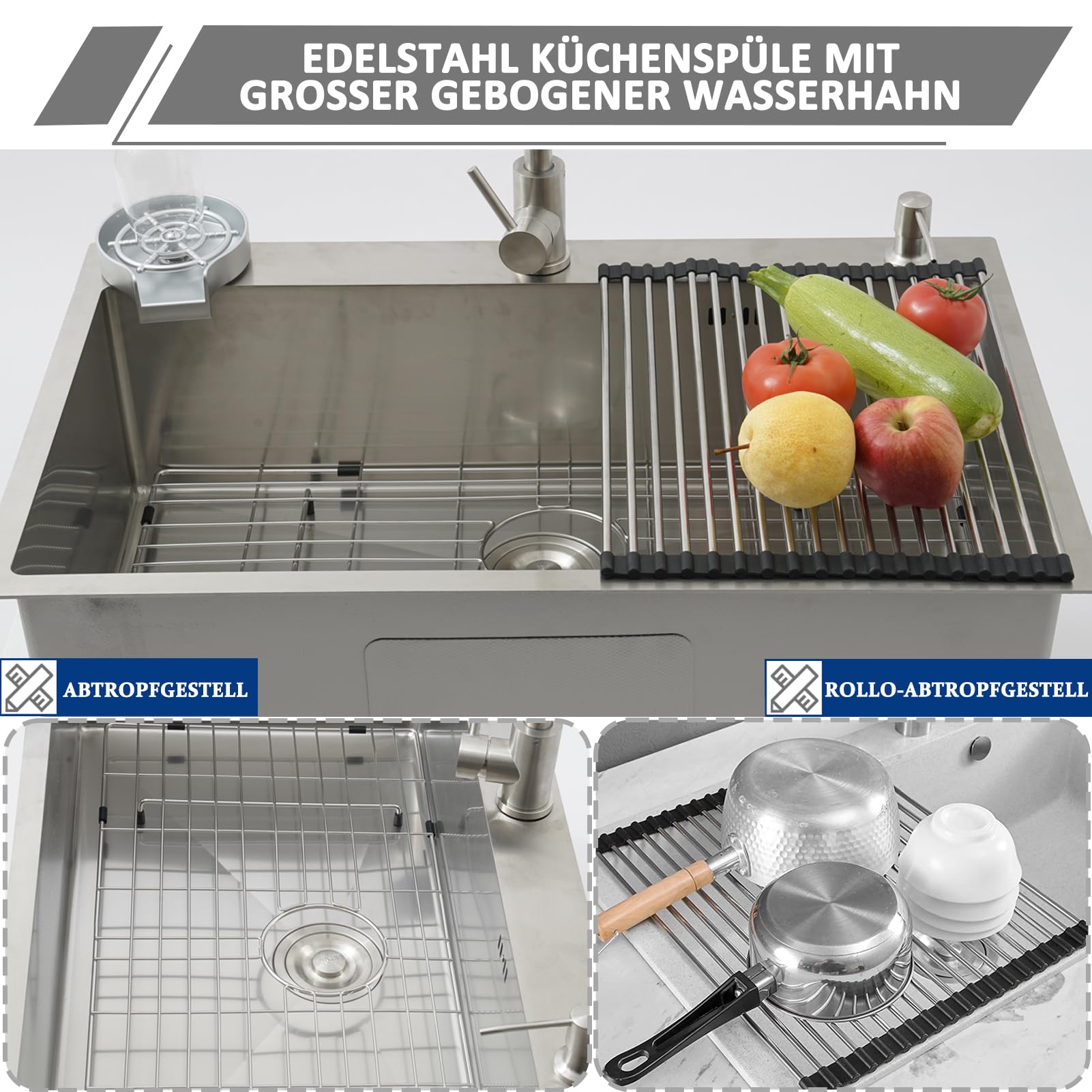 Lavabo de Cocina 80 x 50 cm, Fregadero de Cocina 1 Cuenca de Acero Inoxidable con Grifo, Gran Lavabo de Cocina Cepillado, con Rejilla Inferior para Fregadero, Escurridor, Dispensador de