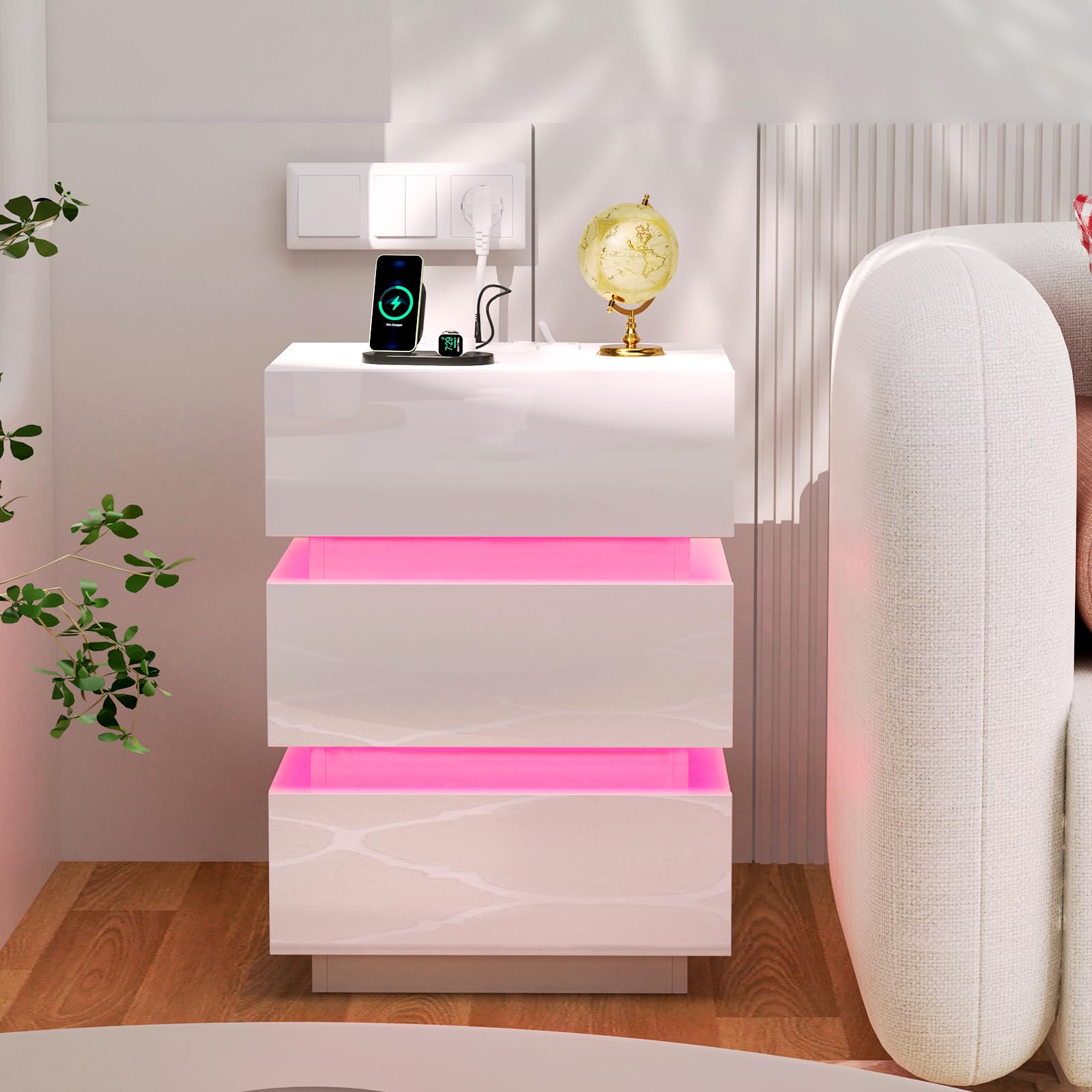 2er Set Nachttisch mit Steckdose und led, Nachtschrank mit USB und ladefunktion, Nachtkommode mit 3 Schubladen (45x35x62cm, Weiß)