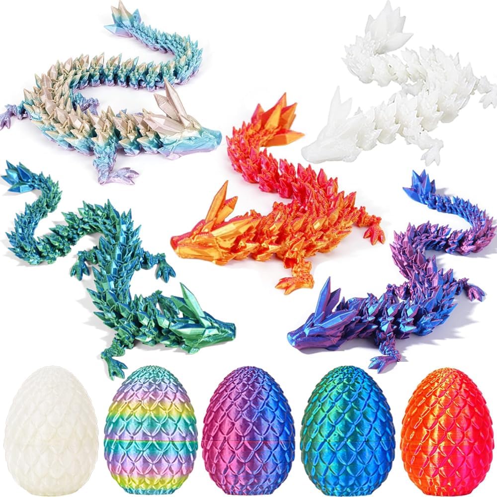 5PCS Easter Basket Stuffers - Easter Mini Mystery 3D Printed Dragon Egg Fidget Toy, 3D Articulated Crystal Dragon Eggs with Dragon Inside,Surprise 3D Printed Animals Toy (5 Pcs - Set A)