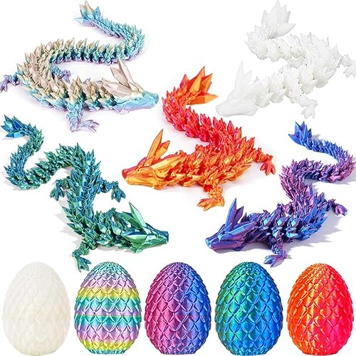 5PCS Easter Basket Stuffers - Easter Mini Mystery 3D Printed Dragon Egg Fidget Toy, 3D Articulated Crystal Dragon Eggs with Dragon Inside,Surprise 3D Printed Animals Toy (5 Pcs - Set A)