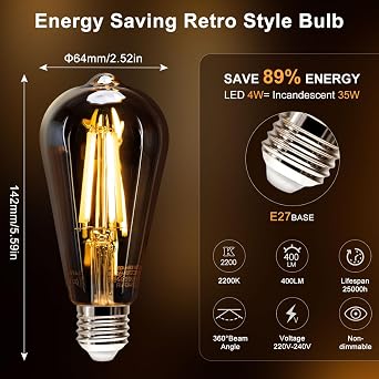 Aigostar E27 Vintage Light Bulbs, 4W LED Filament Bulb, 2200K ST64 Edison Bulb E27 Screw Bulb Vintage 400LM 35W Equivalent, Energy Saving Lamp Bulbs Screw, Pack of 5 [Energy Class F]