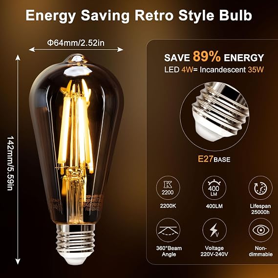 Aigostar E27 Vintage Light Bulbs, 4W LED Filament Bulb, 2200K ST64 Edison Bulb E27 Screw Bulb Vintage 400LM 35W Equivalent, Energy Saving Lamp Bulbs Screw, Pack of 5 [Energy Class F]