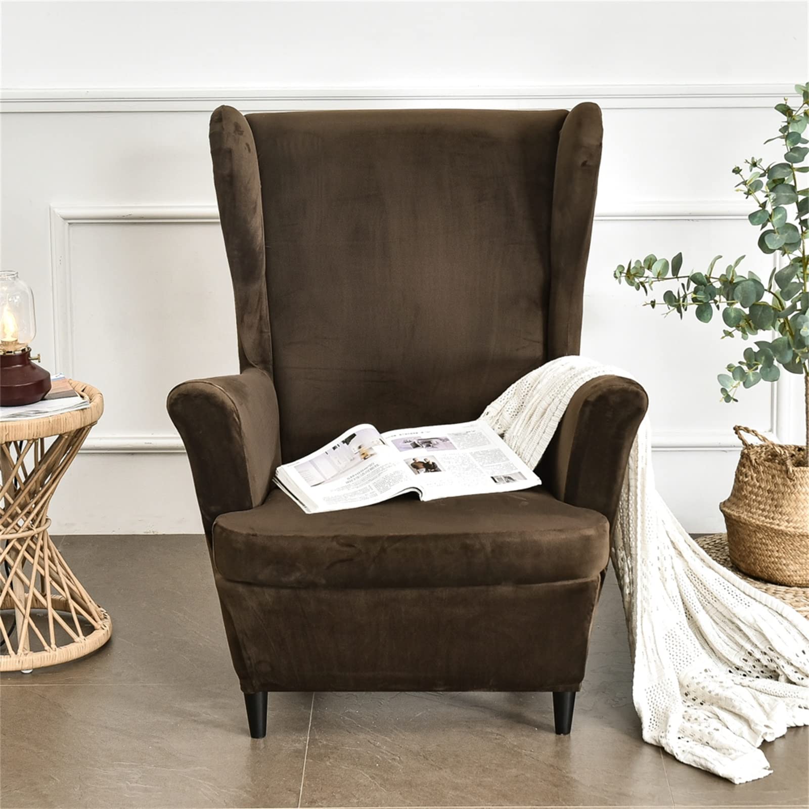 MINGPINHUIUS Velvet Stretch Wingback Chair Covers 2 Piece Set (Coffee)