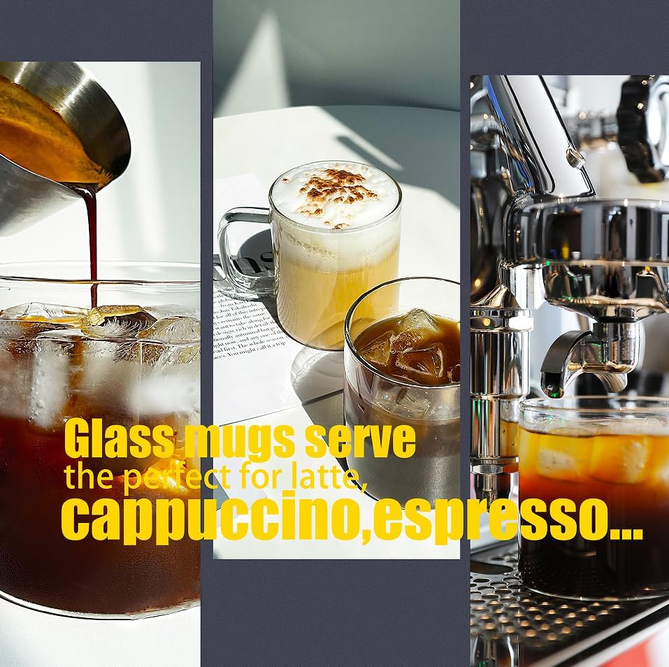 PunPun 17oz. / 500 ml Large Clear Glass Coffee Mugs Set of 4, Clear Espresso Cups, Large Wide Mouth Glass Mugs with Big Handle, Heatable Coffee Mugs for Cappuccinos and Juice Glass Cups - Image 3