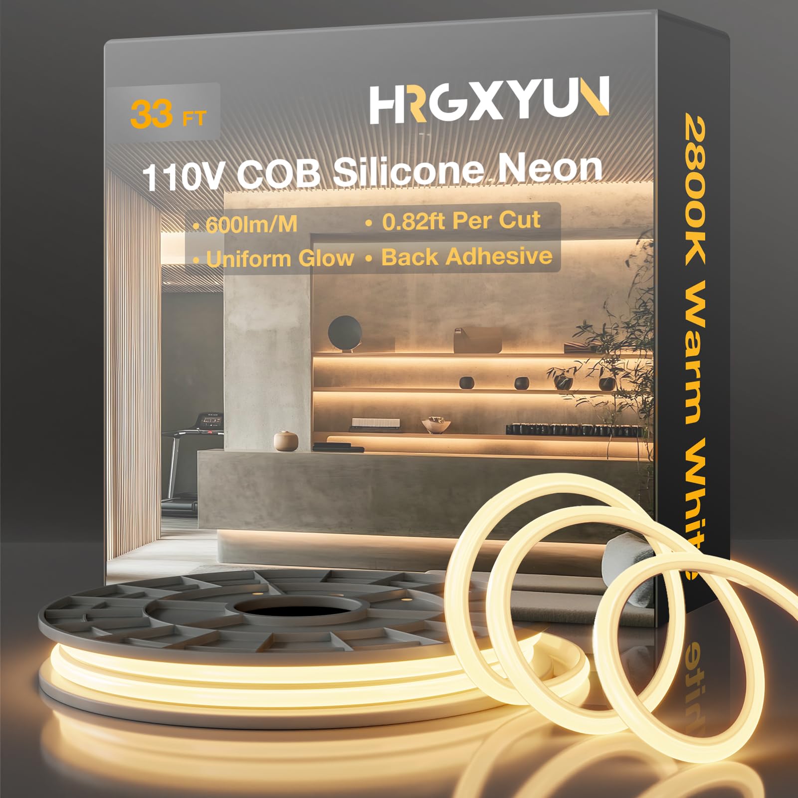Cuerda de luz LED de neón COB de 110 V, 33 pies, 2800 K, luz LED blanca cálida con pegamento trasero, cuerda de luz LED de neón de silicona cortable para gabinete, hogar, oficina, proyectos de