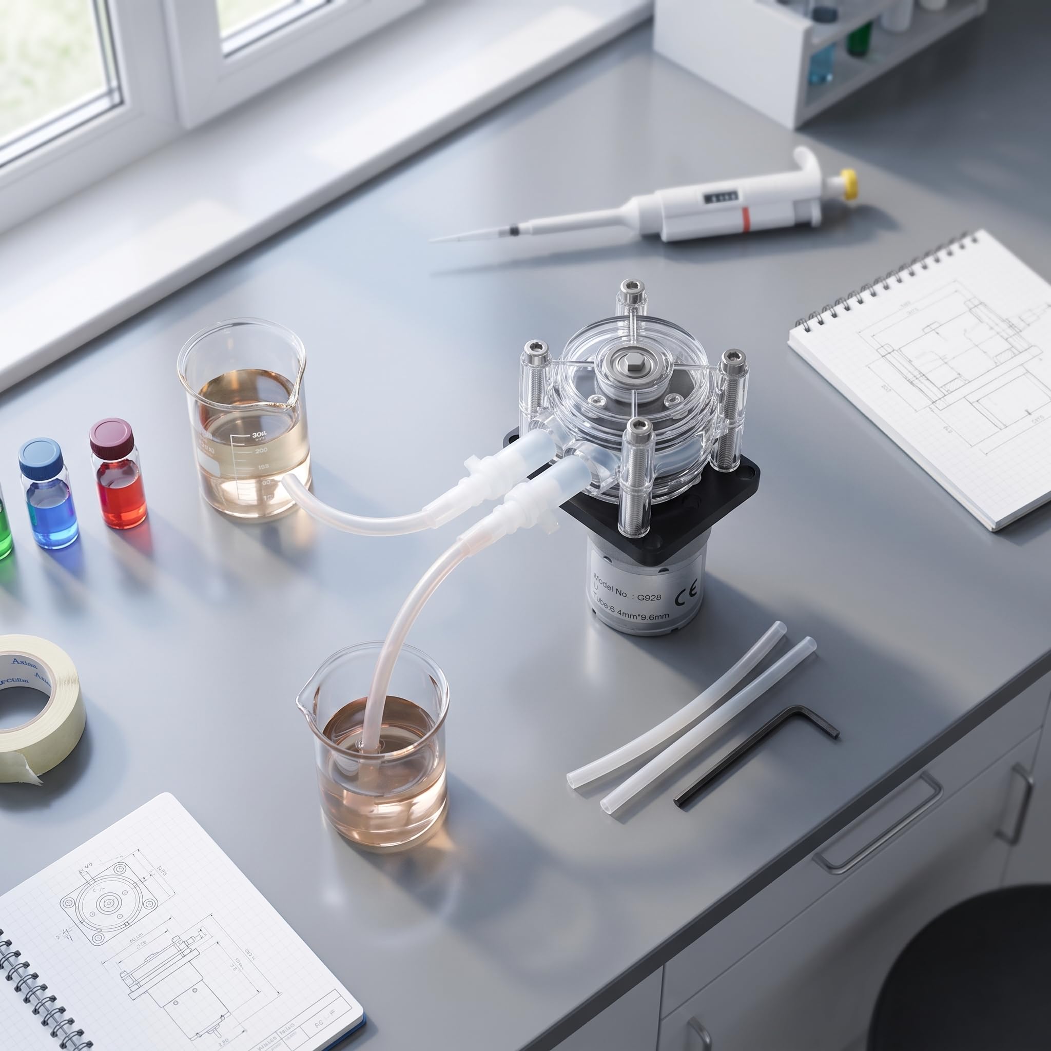 Fafeicy G928 24V Peristaltikpumpe, 500 ml/min Flüssigkeitsdosierpumpe mit Kugellager, Schlitzdesign und speziellem Silikonschlauch mit 3 Rollen, Panelmontage