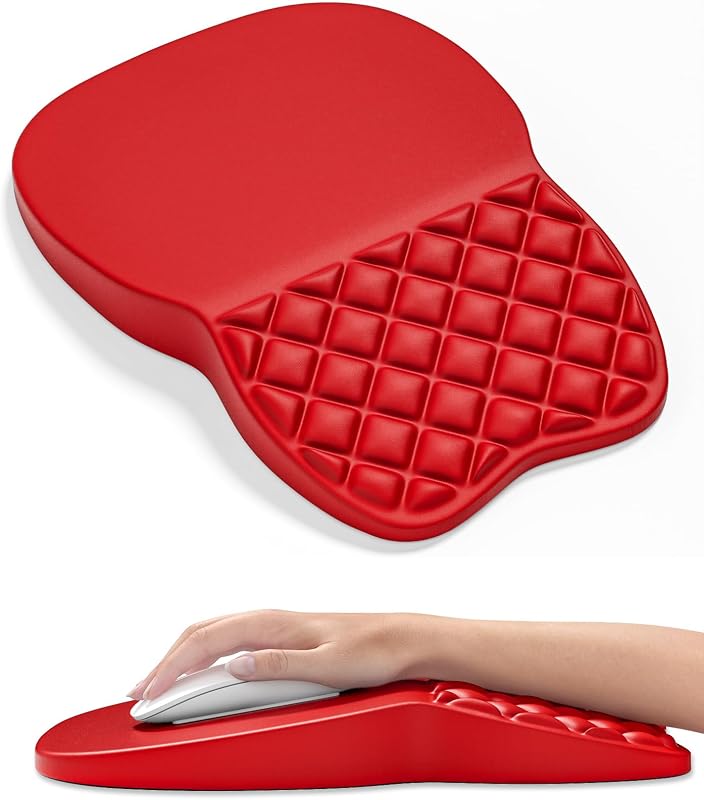 Ergonomic Mouse Pad with Wrist Rest, Comfortable Slope Computer Mouse Mat with Wrist Support, Memory Foam Filling, Non-Slip Silicone Base, Pain Relief, for Gaming & Work, 8 x 12 in, Red