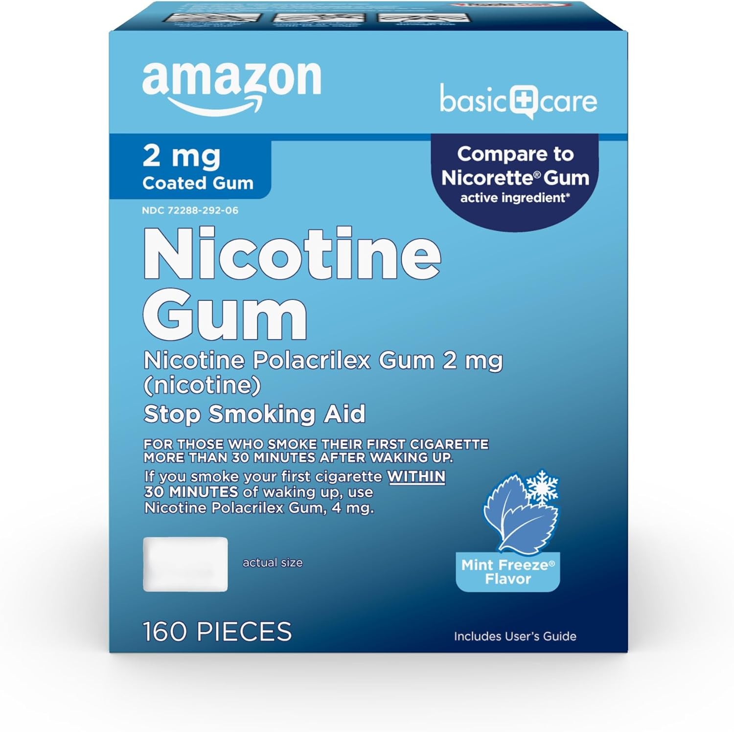Amazon Basic Care Coated Nicotine Polacrilex Gum 2 mg, Ice Mint Flavor, Stop Smoking Aid, Smoking Cessation, Reduces Withdrawal Symptoms, 160 Count