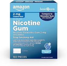 Amazon Basic Care Coated Nicotine Polacrilex Gum 2 mg, Ice Mint Flavor, Stop Smoking Aid, Smoking Cessation, Reduces Withdrawal Symptoms, 160 Count
