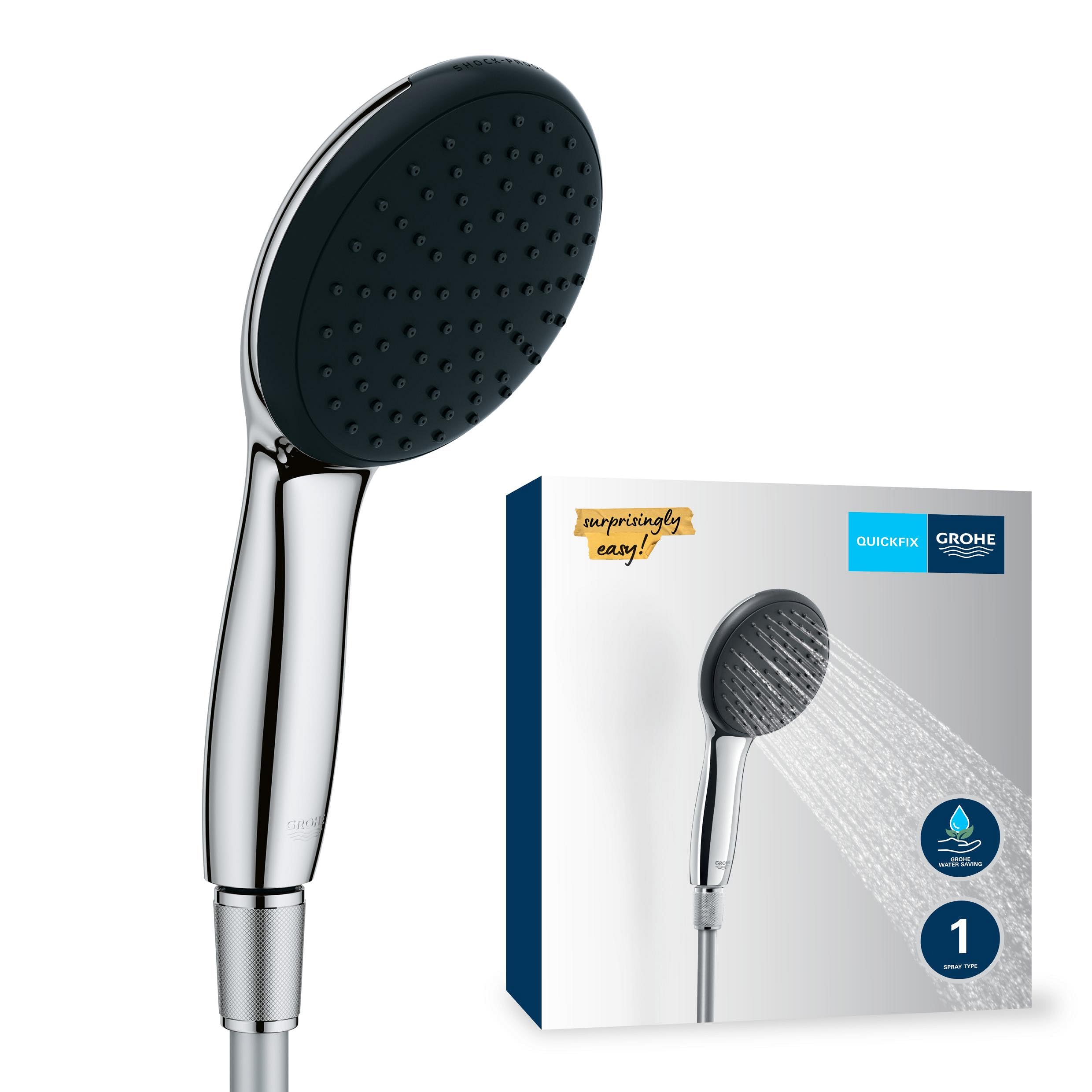 GROHE Vitalio 110, Duschkopf mit Schlauch, wassersparend, 8l pro Min (Handbrause 1 Strahlart, Universalanschluss, Silikonring schützt bei Stürzen, Duschbrause mit Duschschlauch 1,5m), chrom, 26720001