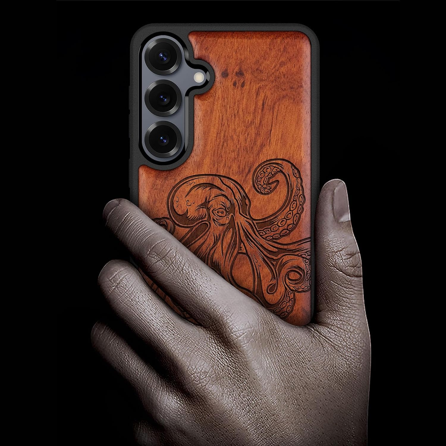 Carveit Magnetic Wooden Case for Samsung Galaxy S25 Case 2025, TPU Shockproof Cover & Wood Artisan Engraved, Compatible with MagSafe Wireless Chargers (Octopus Drawing) Rosy