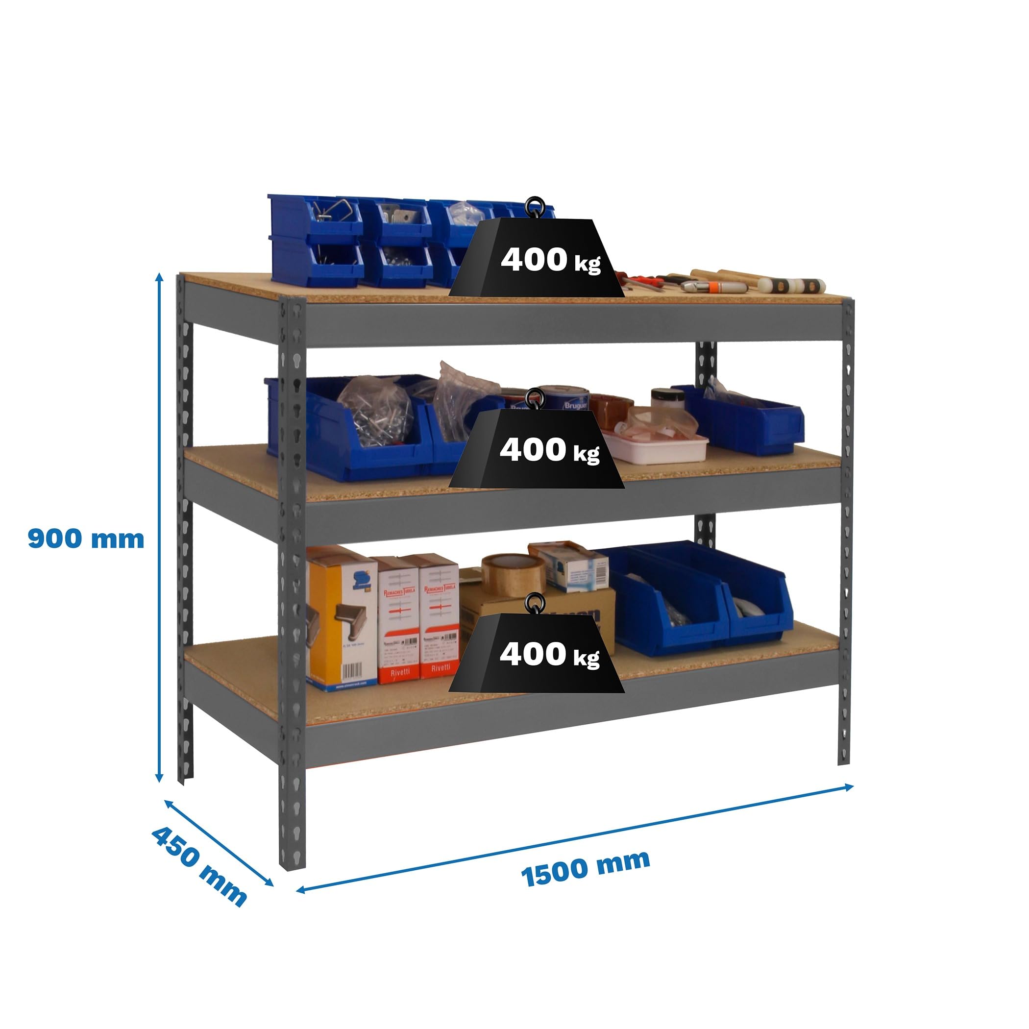 Simon Rack Banco de Trabajo Taller 1500x450 mm - BT Basic | Capacidad Carga 400 kg, Montaje sistema clic, Pintura anticorrosión, Gris