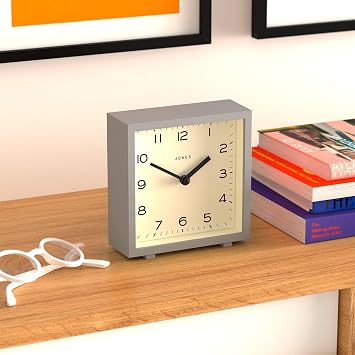 JONES CLOCKS Disco Desk Clock | Sleek Square Design | Gray | Stylish and Easy to Read for Shelf, Table, Mantel or Bedside