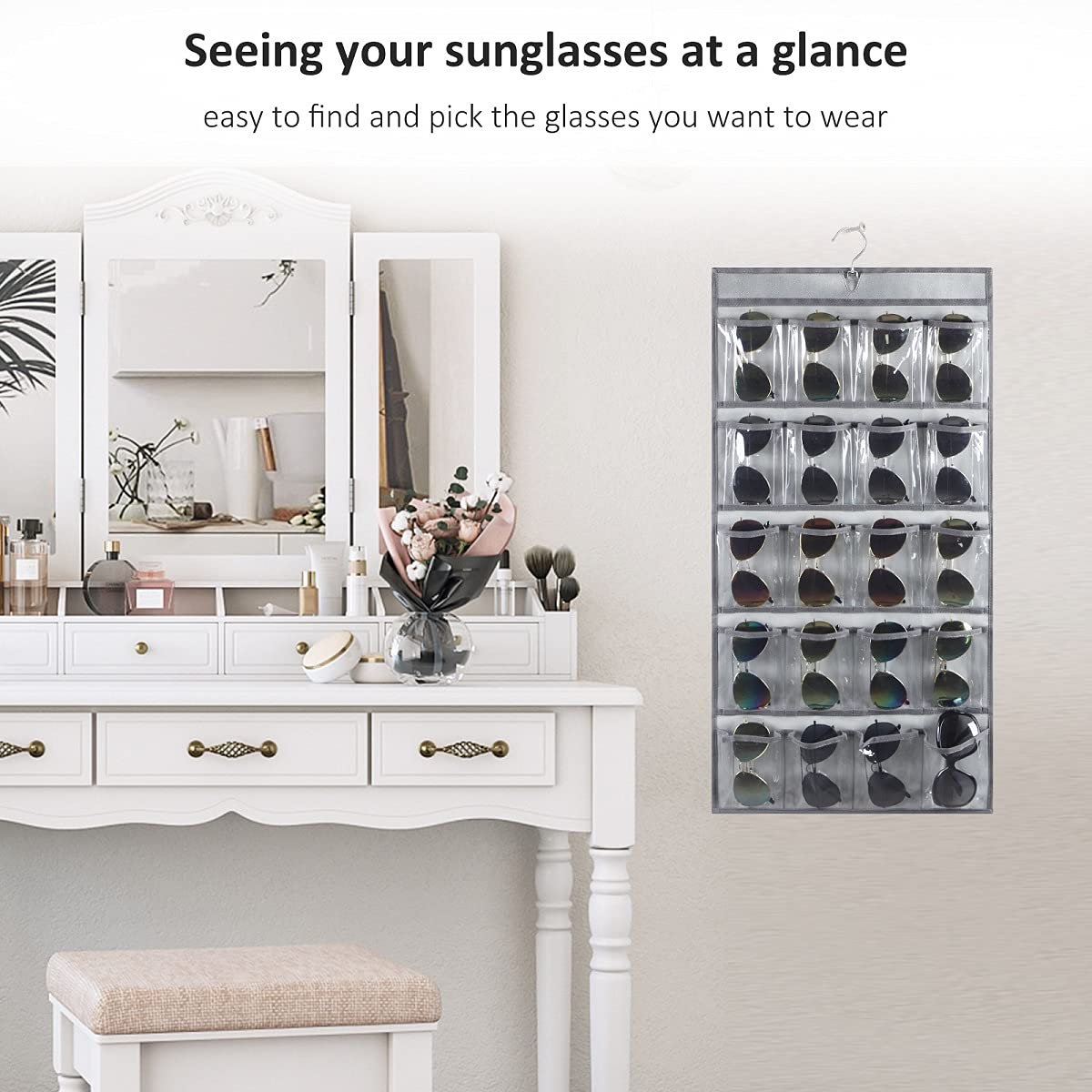 Over the Door Hanging Sunglasses Organizer Storage Sunglass Rack Holder Eyewear Display Case with 16 Clear Pockets