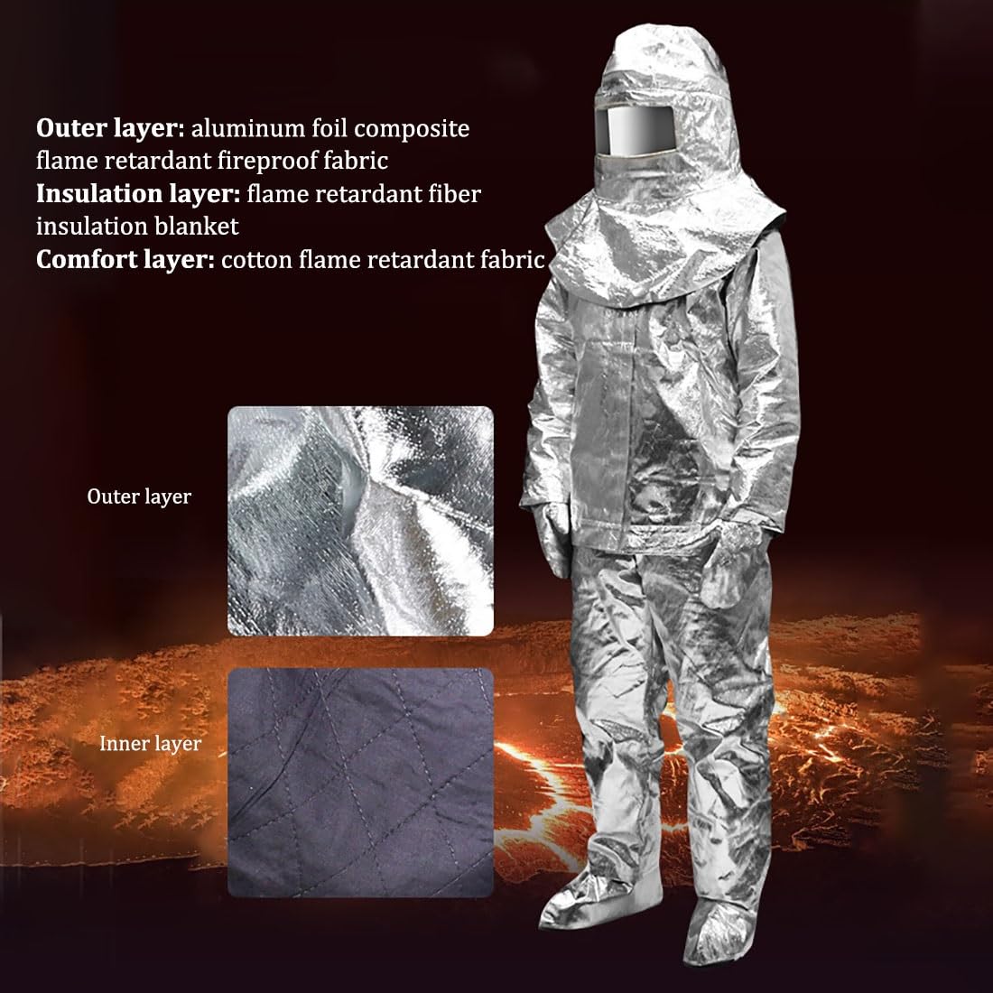 Hitzeschutzanzug bis 1000℃, Anzug aus Aluminiumfolien-Verbundmaterial, feuerfester Hitzeschutzanzug, 180° weites Sichtfeld, für Feuerwehr, Metallurgie, Industrie und Gewerbe