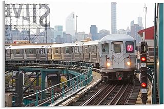 New York Canvas Prints Wall Art NYC MTA Subway Train On Line 7 In Queens Painting Artwork Framed Home Decor For Living Room Bedroom 24x32 Inch