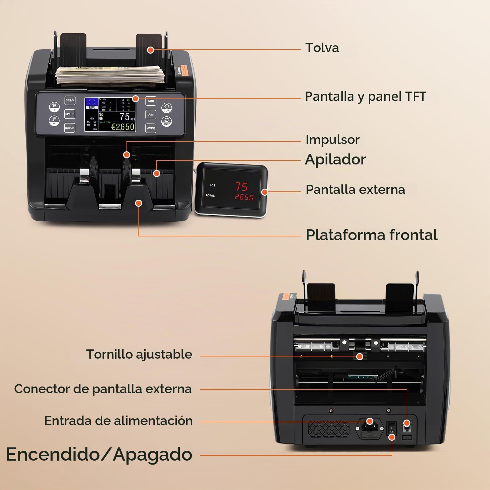 Bonvoisin Maquina de Contar Billetes, Totaliza Las Denominaciones Mixtas | 1500 Billetes/Min, Detección UV/IR/MG/MT, Clasificación, Lotes y Acumulación, Pantalla TFT HD, Para Bancos y Empresas