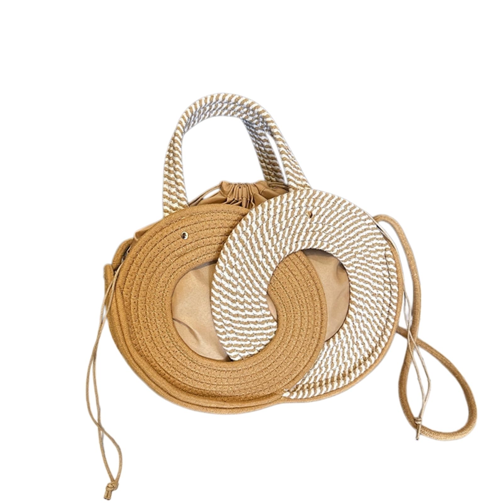 Borsa Spalla Paglia Rotondo Cavo Crossbody 2-Way Trasportare A Mano Tessuto Secchio Cordone Fodera Estate Mini Spalla-Khaki