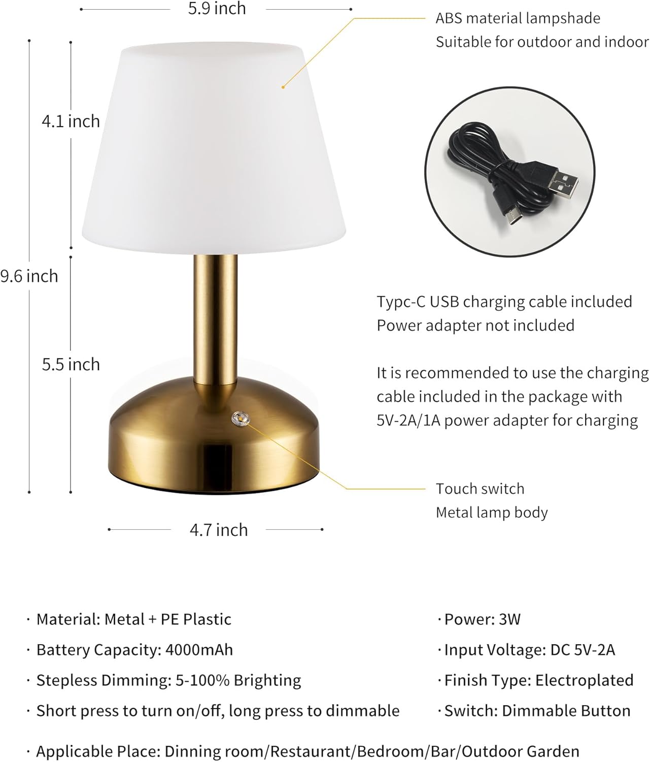 KDG Modern Cordless Small Table Lamps, Portable LED Dimmable Desk Lamp, 4000mAh Rechargeable Battery Operated Lighting for Restaurant, Bedroom, Bedside, Bar, Outdoor, Camping, Night Light(Gold)
