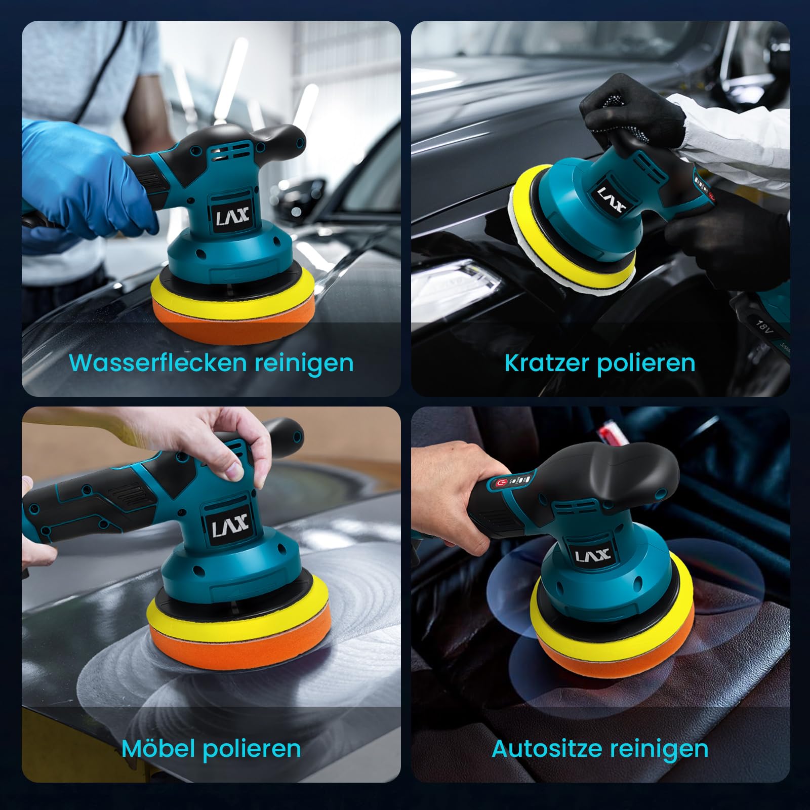 Poliermaschine Auto für Makita 18V Akku, 6 Zoll Orbital Auto Politur mit 3 Variablen Geschwindigkeiten, 2pcs Akkus Auto Polierset, für Auto Detailpflege und Kratzerentfernung