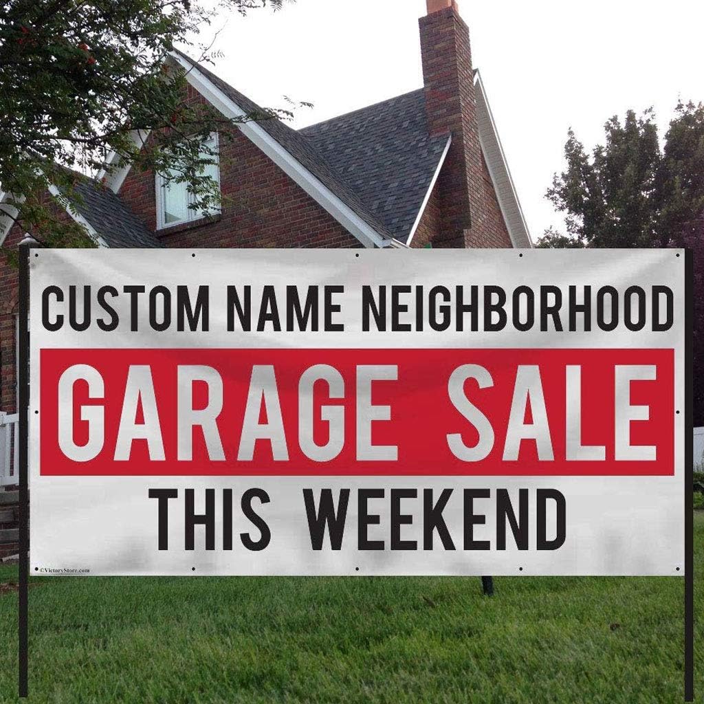 VictoryStore Custom Neighborhood Garage Sale Banner and Sign Set 3 feet x 6 feet Vinyl Banner and 4 18 Inch by 24 Inch Yard Signs, Includes Stakes