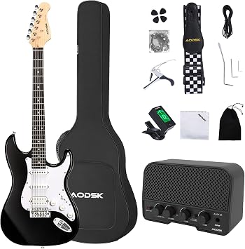 AODSK Electric Guitar with Amp Beginner Kit 39 Inch Solid Body Full Size,All Accessories,Digital Tuner,Six Strings,Four Picks,Tremolo Bar,Strap,Gig Bag,Starter kit Black-HSS