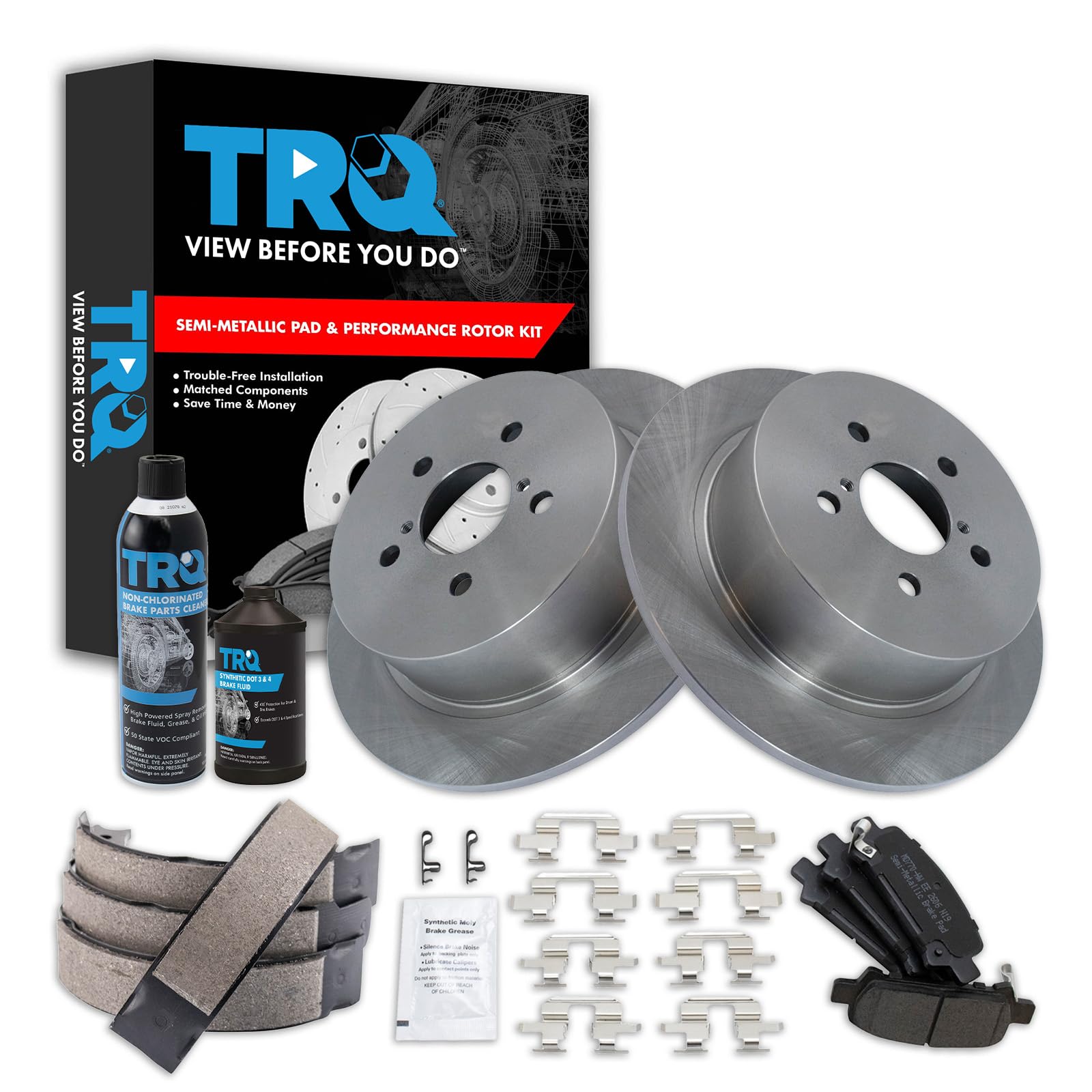 TRQ Rear Brake Pad &amp; Rotor Kit, with Chemical Kit Parking Brake Shoe Set Semi-Metallic Compatible with 2008-2009 Subaru Legacy