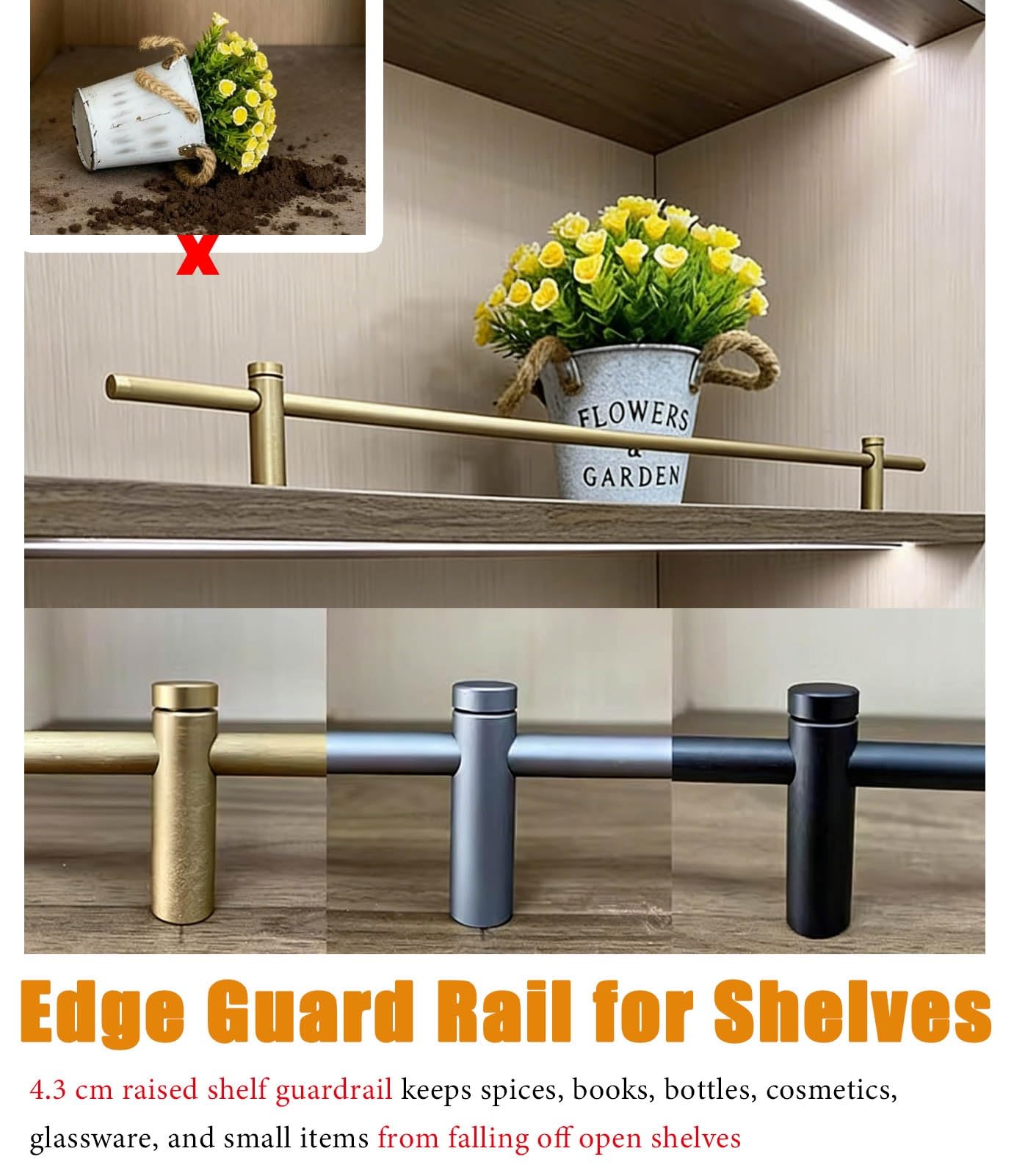 Genérico Juego de 2 barandillas metálicas de protección para estantes - Barras de Seguridad abatibles de Bronce Antiguo para zapateros y vitrinas de baño, Soportes de barandilla de 50 cm (19,6 pulgad