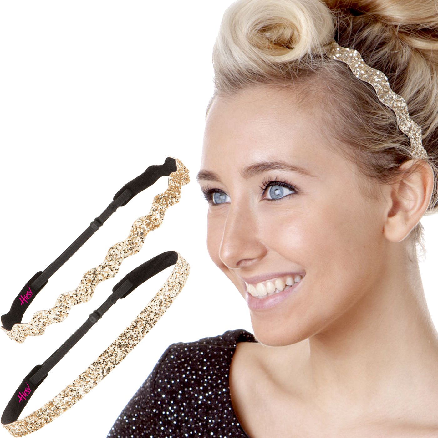 Hipsy PLUS Size, Women's Adjustable NO SLIP Bling Glitter Hair Headband Multi Pack (Skinny Black/Gunmetal/Navy PLUS Size Bling Glitter 3pk)
