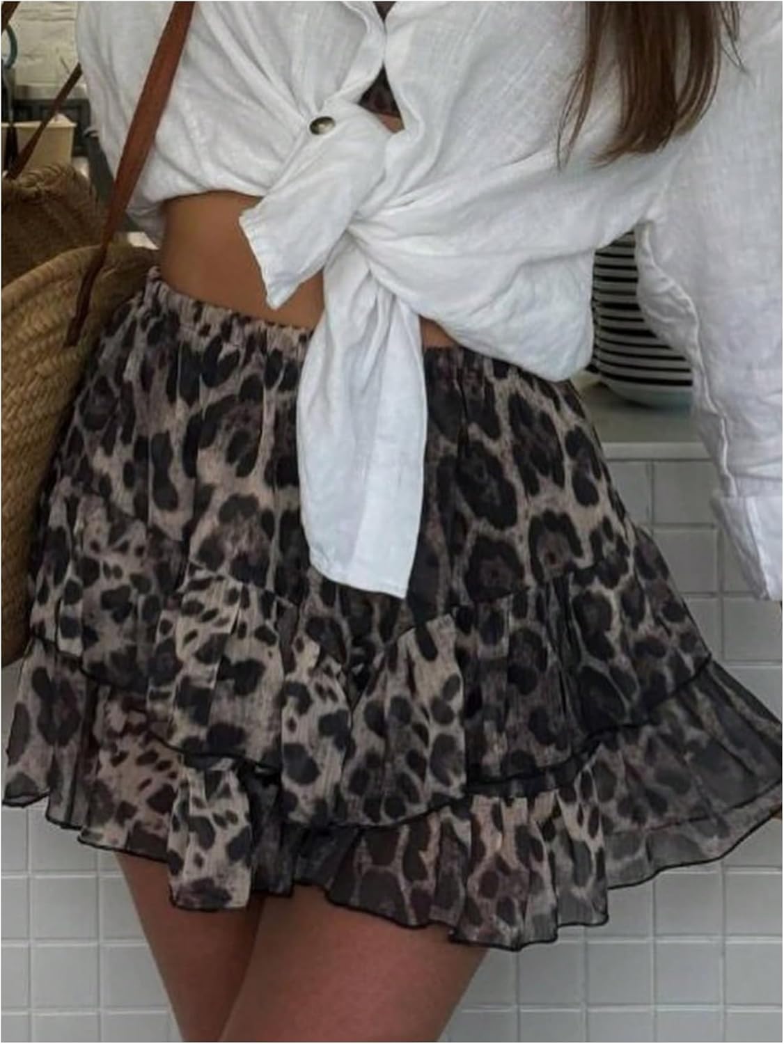 GORGLITTER Women's Leopard Print Skirt Layered Ruffle Hem A Line Mini Skirts - Image 2