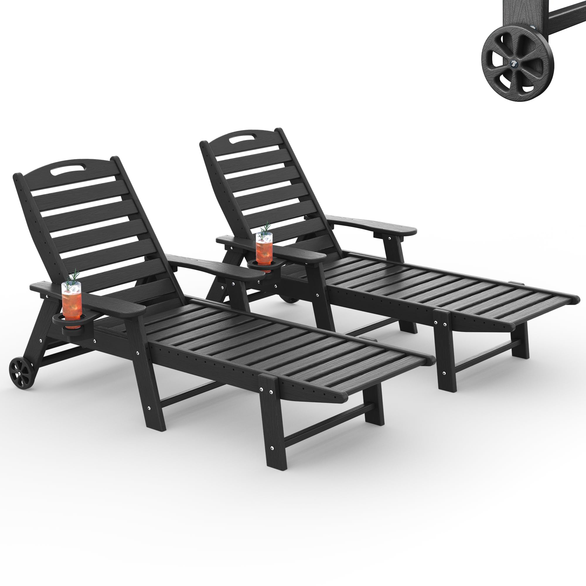 HDPE Outdoor Chaise Lounge Chair Set of 2, 77.8" Extended Length Patio Lounge Chair with Woodgrain Finish, 5 Adjustable Reclining Positions, Wheels &amp; Cup Holder, Black