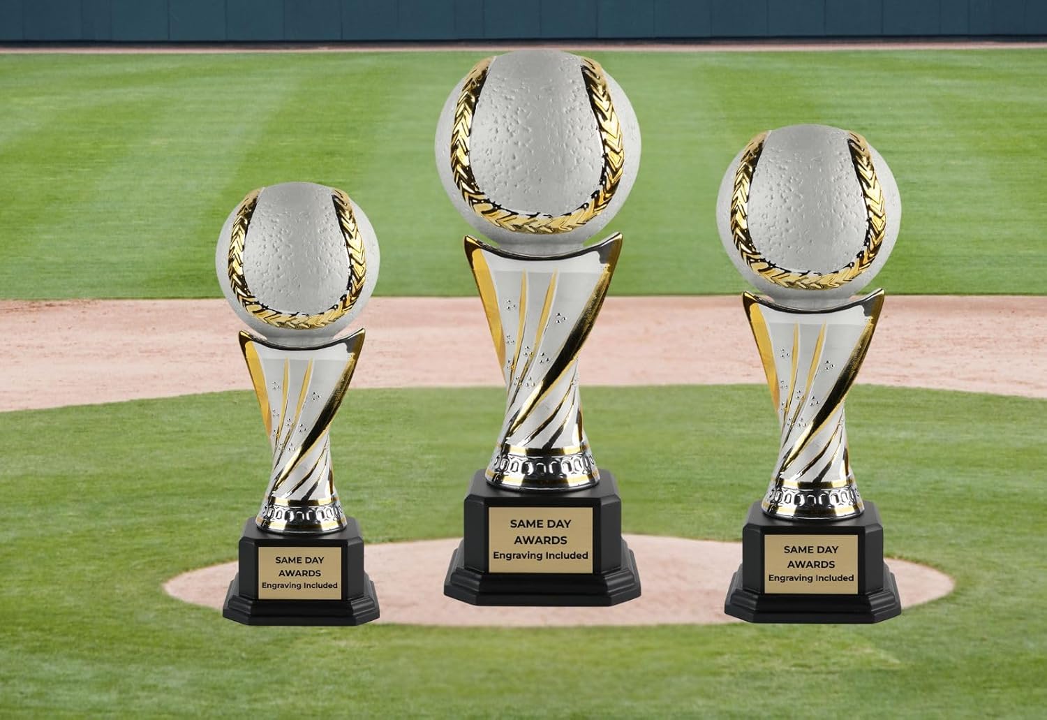 Premium Ceramic Baseball Trophy – Silver and Gold Championship Award on Ebony Base with Custom Engraving for MVPs Players Baseball Team Coach Leagues Tournaments & Special Recognition