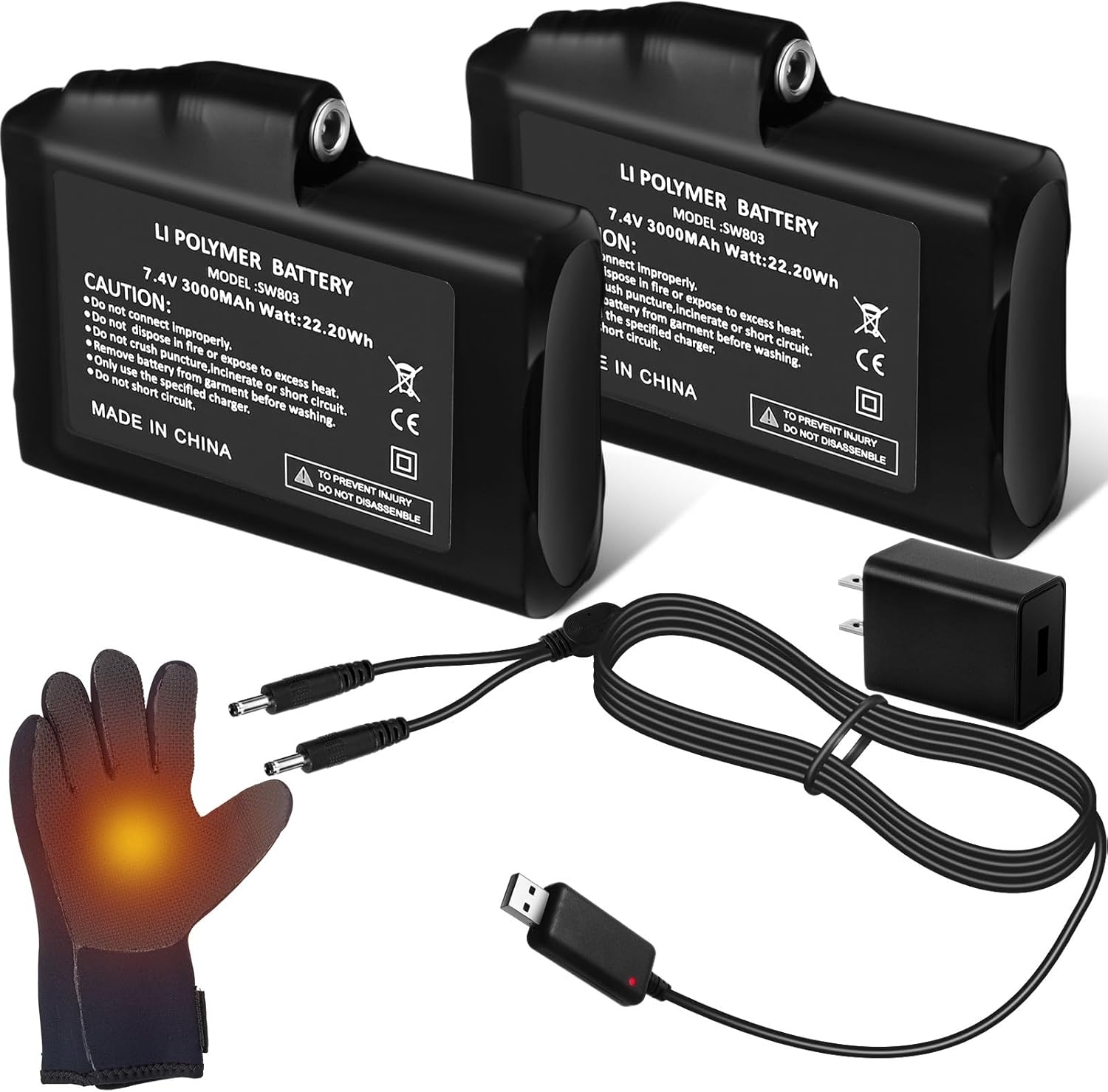 4 Pcs 7.4 Volt Rechargeable Li-ion Battery and 8.4 Volt Dual Heated Glove Charger USB Replacement Battery for Heated Socks Jackets Mittens Boot Vest Hat