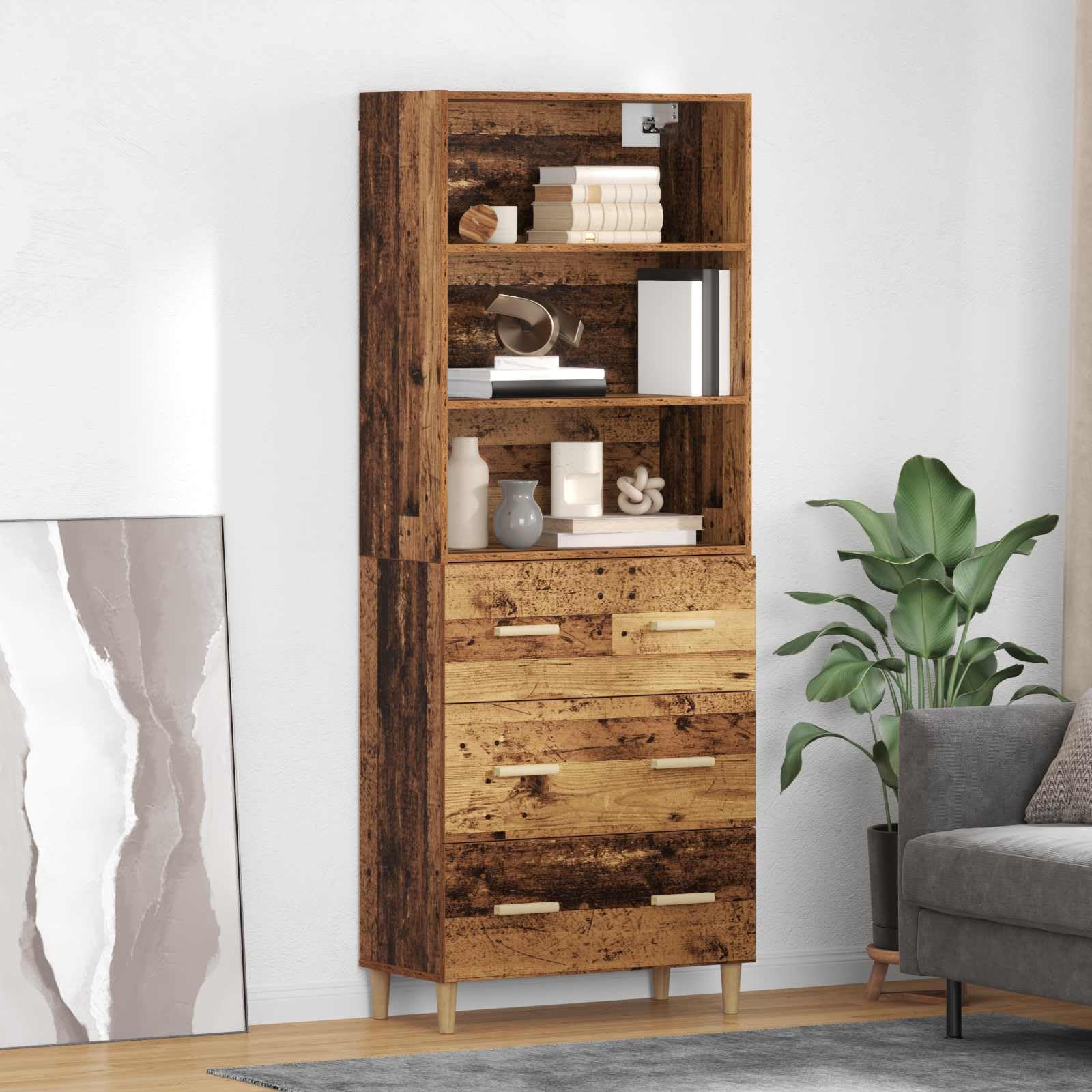 Old Wood Highboard 69.5 x 32.5 x 180 cm Engineered Wood Sideboard Storage Cabinet with Drawer Modern Design Robust for Living Room Kitchen and Hallway