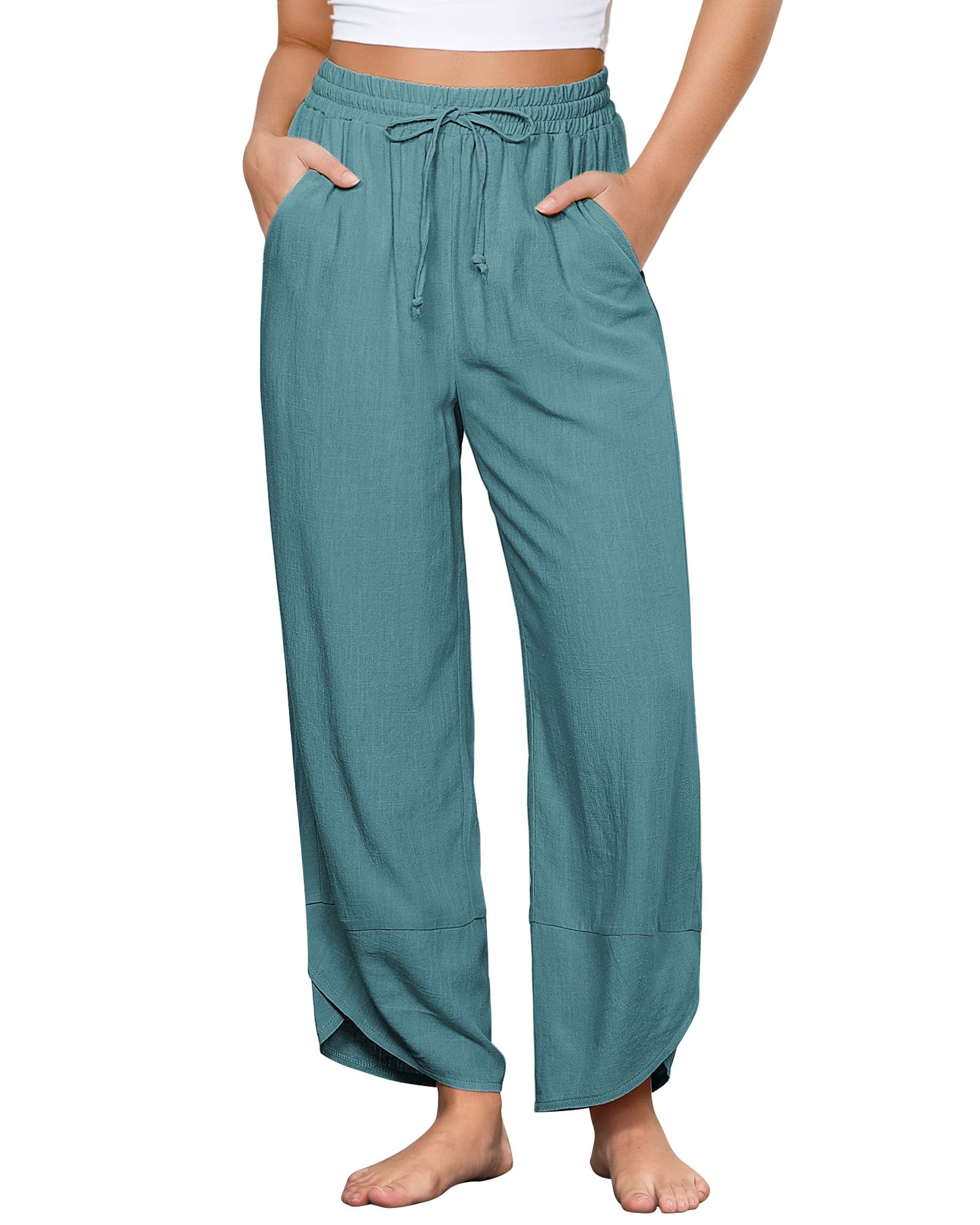 GRAPENT Linen Pants Women High Waisted Wide Leg Casual Beach Pull On Elastic Waist Summer Cropped Pants with