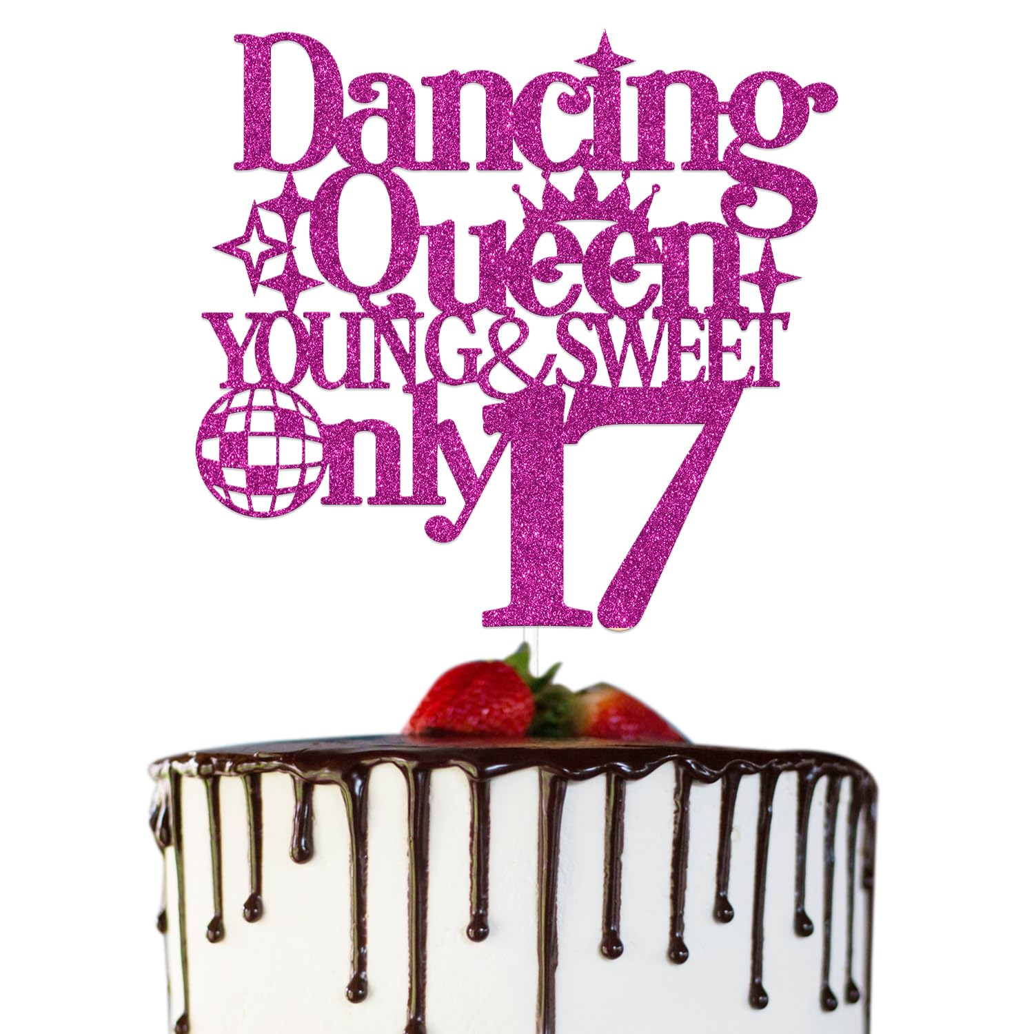 Decoración para tarta de cumpleaños número 17 con texto en inglés "Dancing Queen Young & Sweet Only 17", decoración para tarta de cumpleaños número 17, decoración de fiesta de baile, color rojo rosa