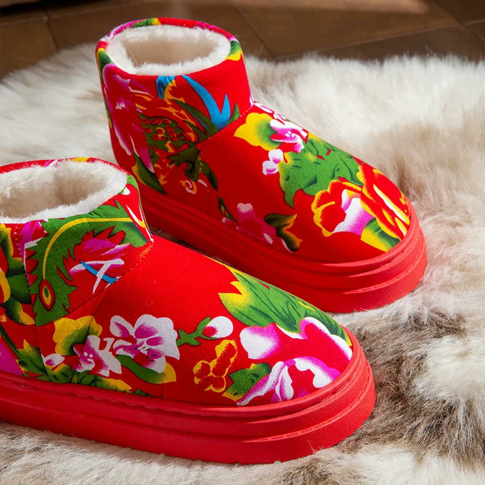 Pantuflas Zapatillas De Invierno para Mujer, Zapatos Informales Plataforma Interior Y Exterior, Botines Deslizantes, Suaves Cálidos-rojo-38-39