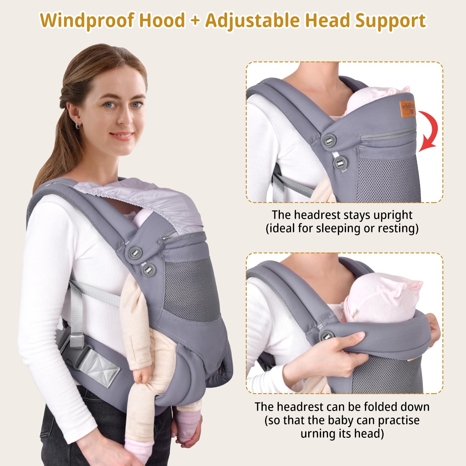 Babytrage für Neugeborene ab Geburt, Weich Atmungsaktiv Babytrage mit verstellbarem Hüftgurt Schulterriemen und Kapuze, Schwarz Baby Trage Vorne und Hinten Tragen für Babys 4-16kg