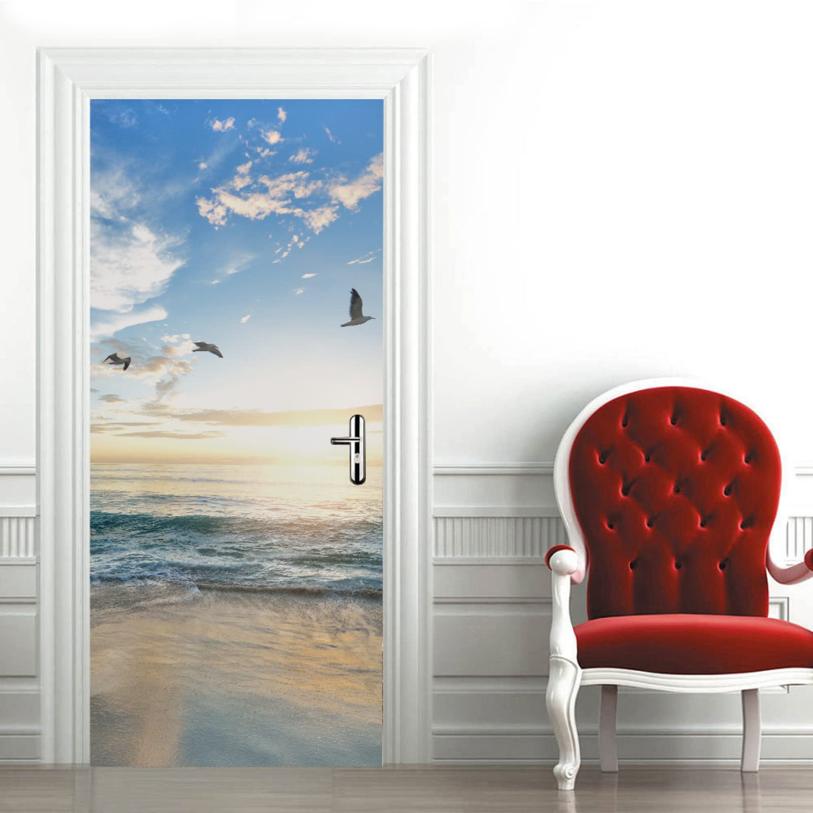 Autocollant porte trompe l'oeil coucher de soleil et sticker mural cuisine 90x200