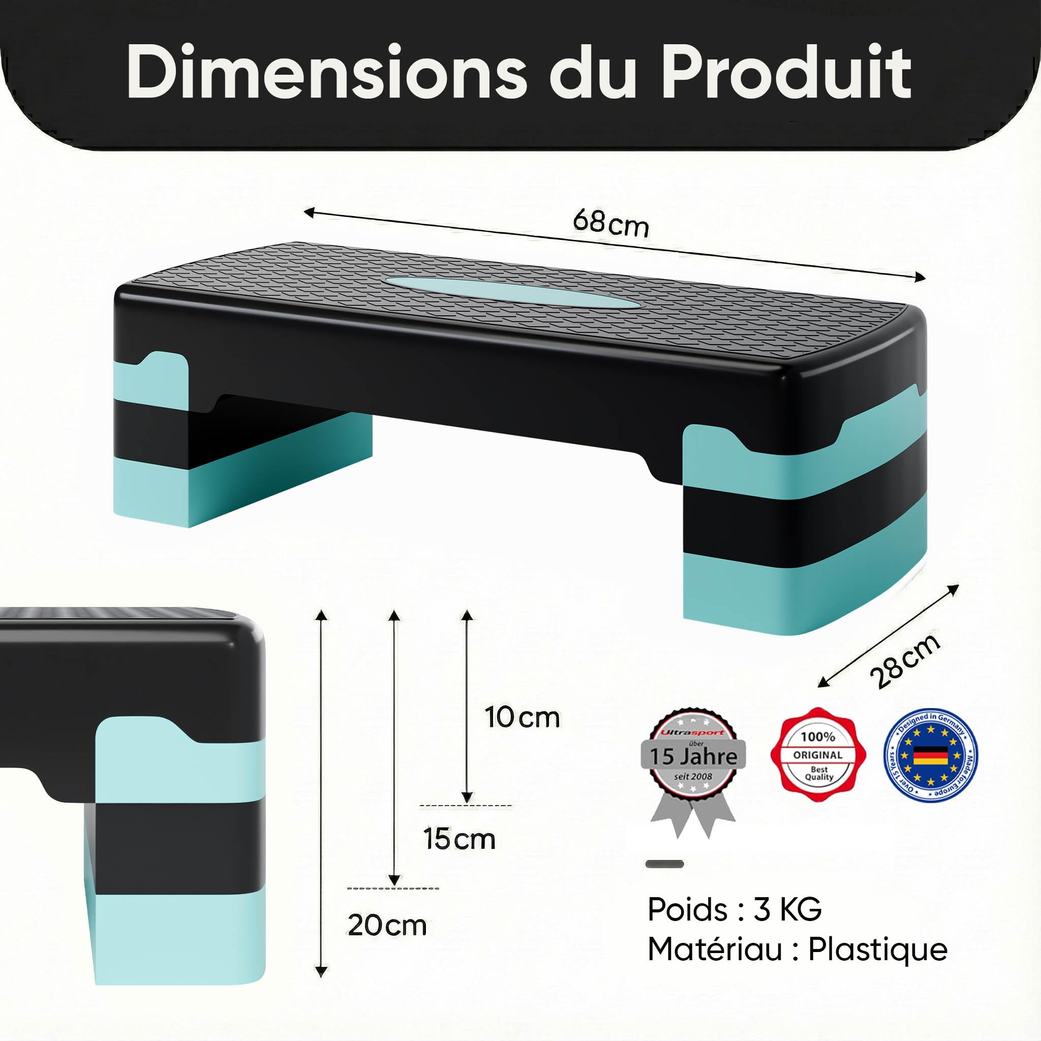 Ultrasport Step Aérobic I Antidérapant, Réglable sur 3 Niveaux I Stepper Fitness Appartement, Stepboard, Sport Stepbench 68 x 28 cm, Bleu