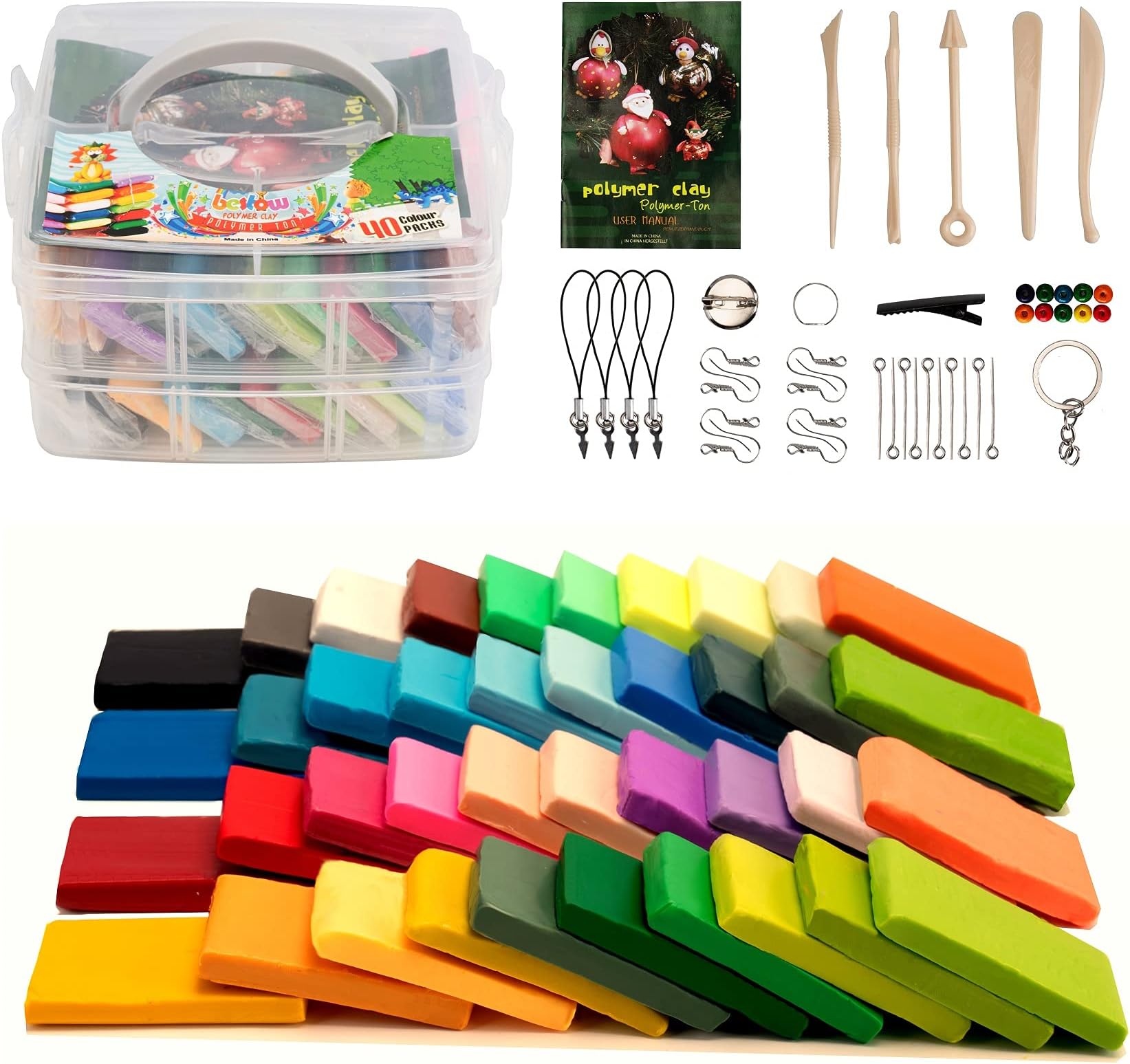 BESTOW Polymer Clay for Kids, 40 Multicolor Oven Bake Modeling Clay Kit with Tools and Storage Box, Arts and Crafts Gift for Kids