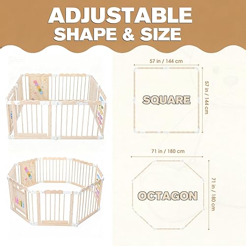 Vista 4 de Corralito para bebés, 57 x 57 x 25 pulgadas, corralito para bebés de madera de tamaño y forma ajustables con 2 bolsas de almacenamiento, patio