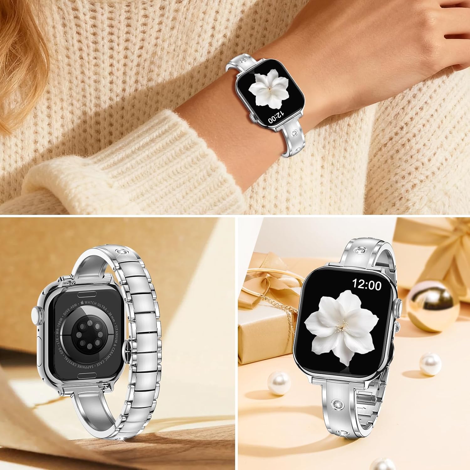 Narrow Metal Band Compatible with Apple Watch Bands 38mm 40mm 41mm 42mm 44mm 45mm 46mm 49mm (Series 11 10 9 8 7 6 5 4 3 2 1 SE Ultra), Dressy Thin Stainless Steel iWatch Bands for Women - Image 3