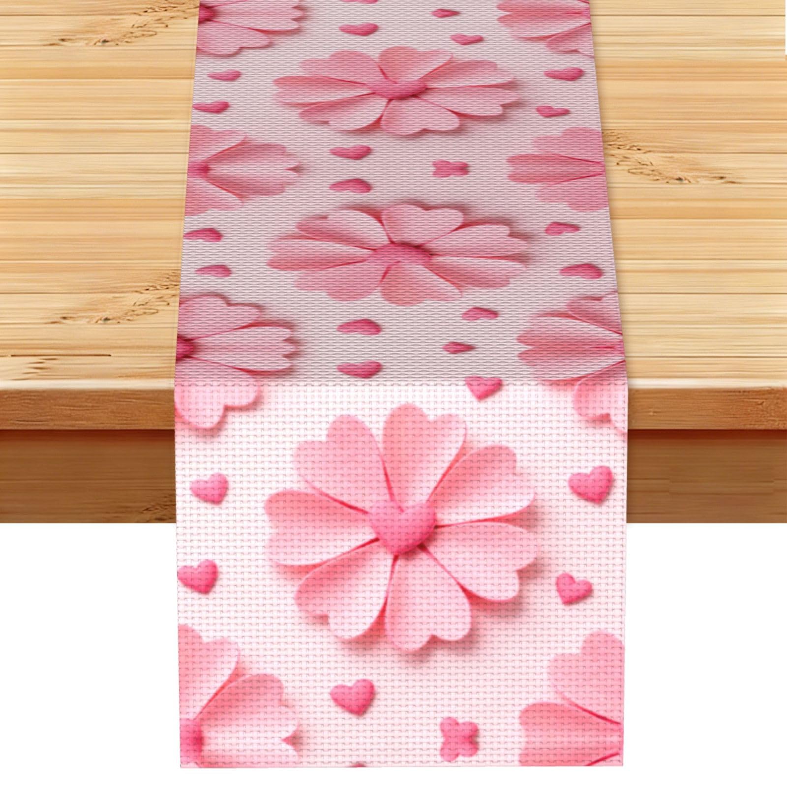 Heart Flower Seamless Linen Look Table Runner 13x72-Wrinkle Resistant Farmhouse Style for Dining Table Decor