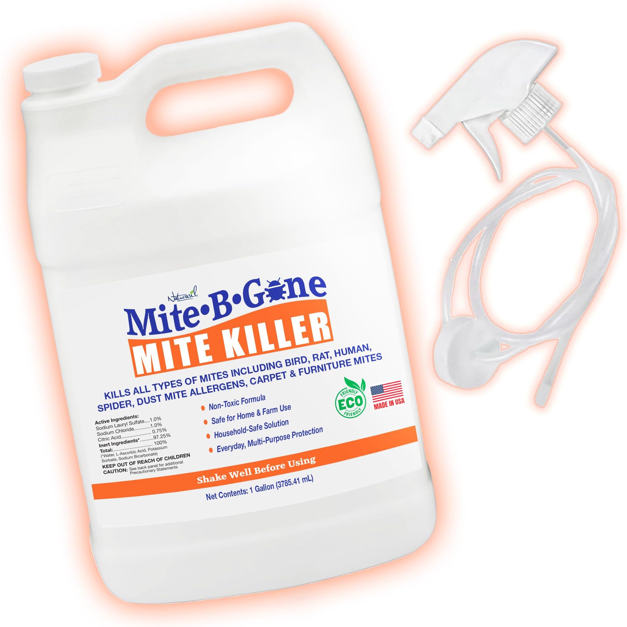 Mite Killer Spray - 1 Gal Natural Treatment Kills Human, Dust, Chicken, Poultry, Bird, Carpet & Rat Mites In Homes And Farm | Family Pet Safe By Mite-Be-Gone