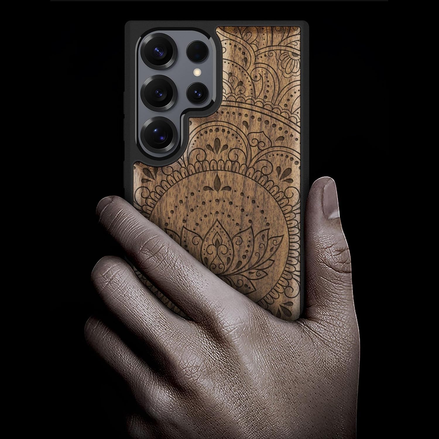 Carveit Magnetic Wooden Case for Samsung Galaxy S25 Ultra Case 2025, TPU Shockproof Cover & Wood Artisan Engraved, Compatible with MagSafe Wireless Chargers (Lotus Mandala Essence) Walnut