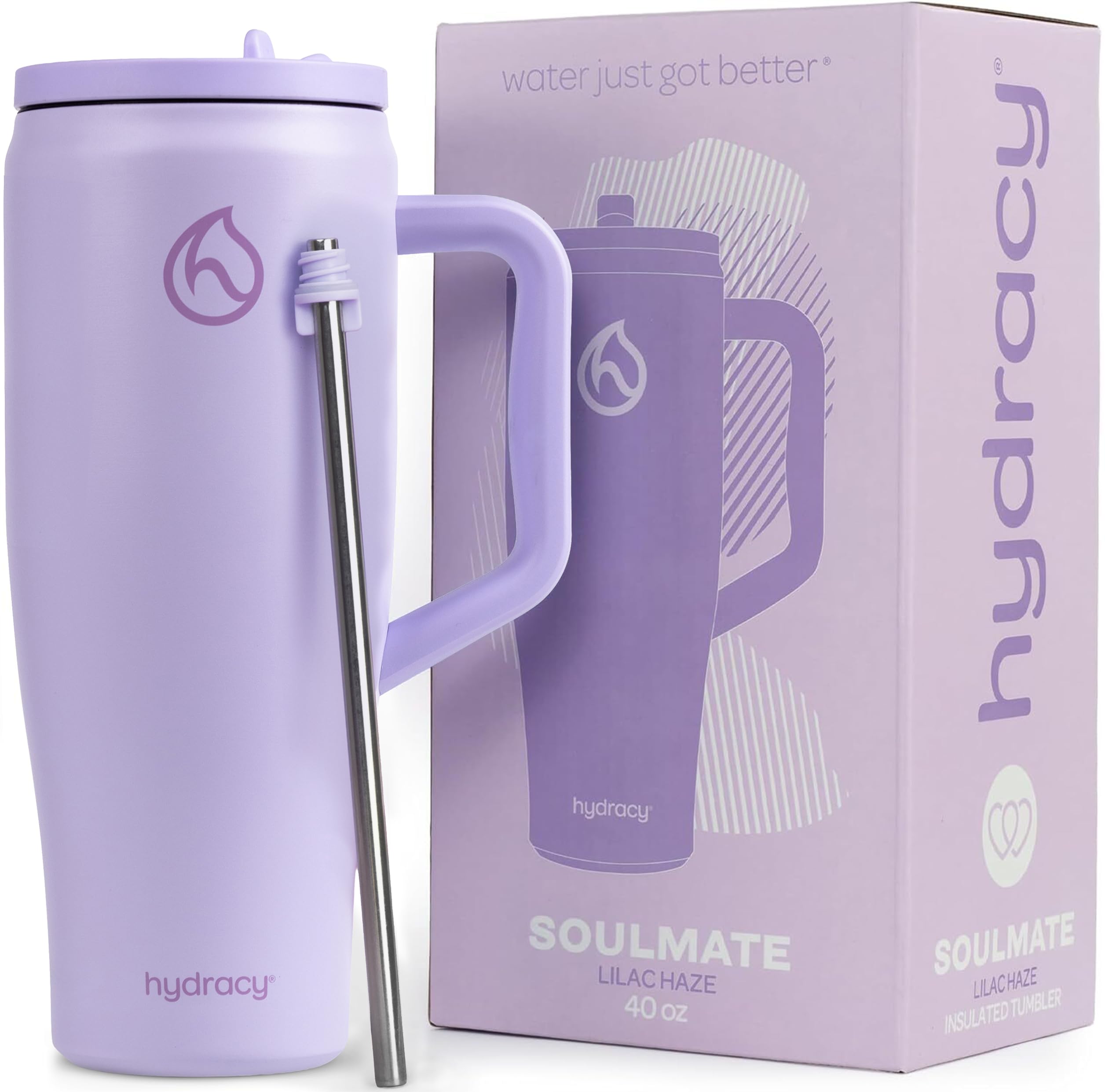 Hydracy Soulmate Bicchiere termico da 1,18 L con manico e cannuccia retrattile - Tazza isolante riutilizzabile a prova di perdite al 100% con cannuccia in acciaio inossidabile - Lilac Haze