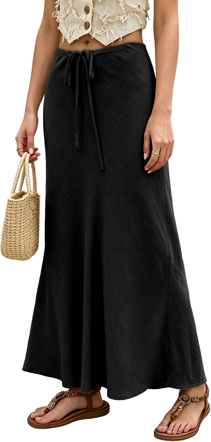 Women's Linen Maxi Skirt Drawstring High Waisted Flared Casual A-Line Linen Long Skirts for Women