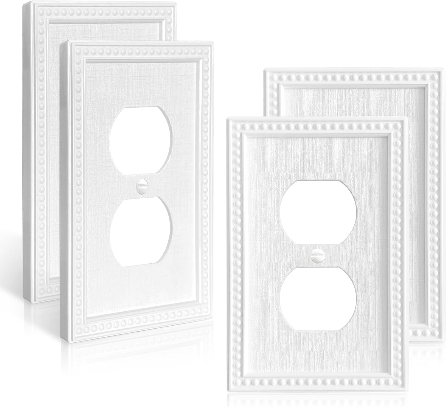Decorative Outlet Covers Wall Plate, Classic Beaded Relief Design Style Pure White, Light Switch Cover Wall Plates for Electrical Outlets (Mid-Size 1 Gang Duplex 4-Pack)