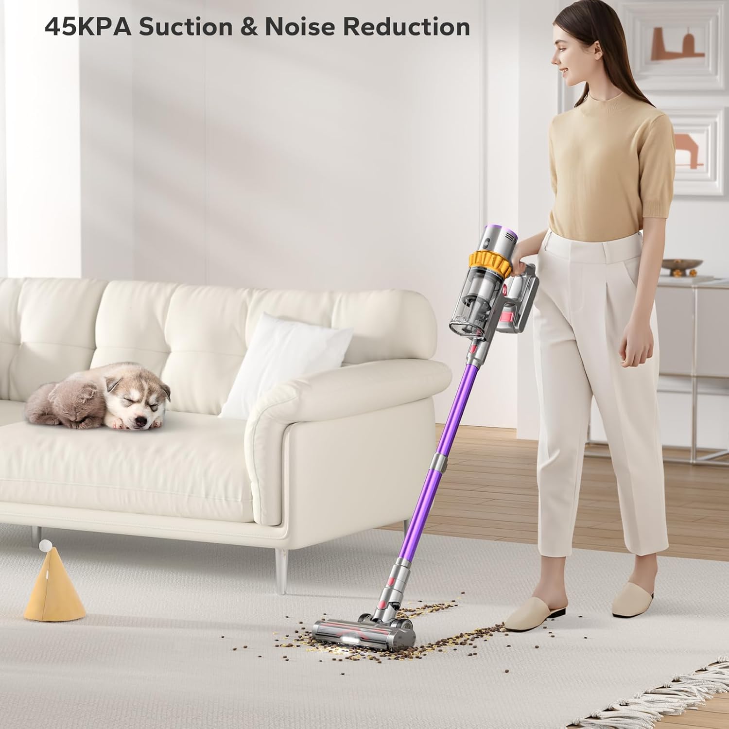 Woman using CAMIY KSW11 Cordless Vacuum Cleaner on a carpet with a sleeping puppy nearby